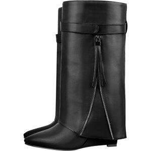 Women's Black Synthetic Knee High Fold over Wedge Heel Long Shark Pull on Boots